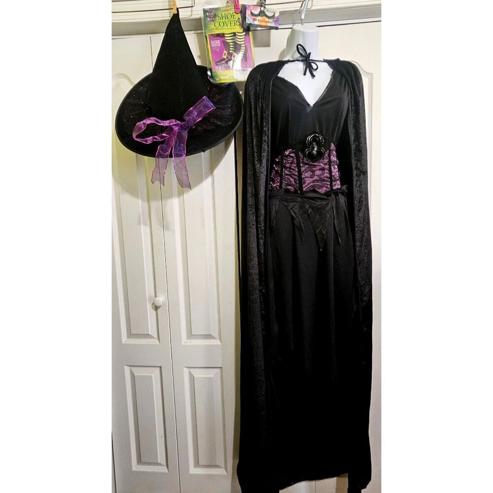 Purple Witch Costume Sexy Dress Corset Black Velvet Hat Cape Shoe Covers Women's